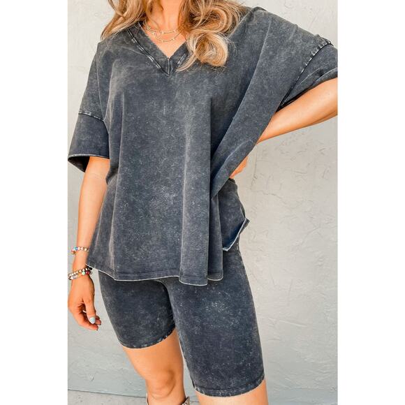 V-Neck Dropped Shoulder Top and Shorts Set - Picture 1 of 3
